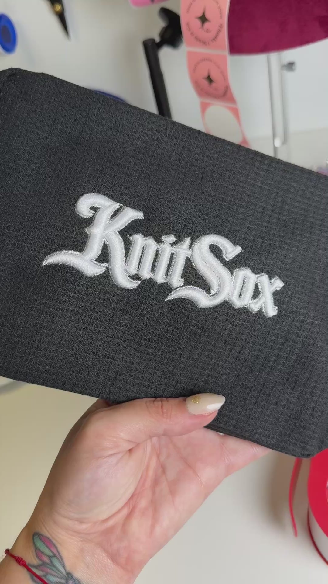 Knit Sox – Black Zip Pouch – White Puff Embroidery | Maker Favorite