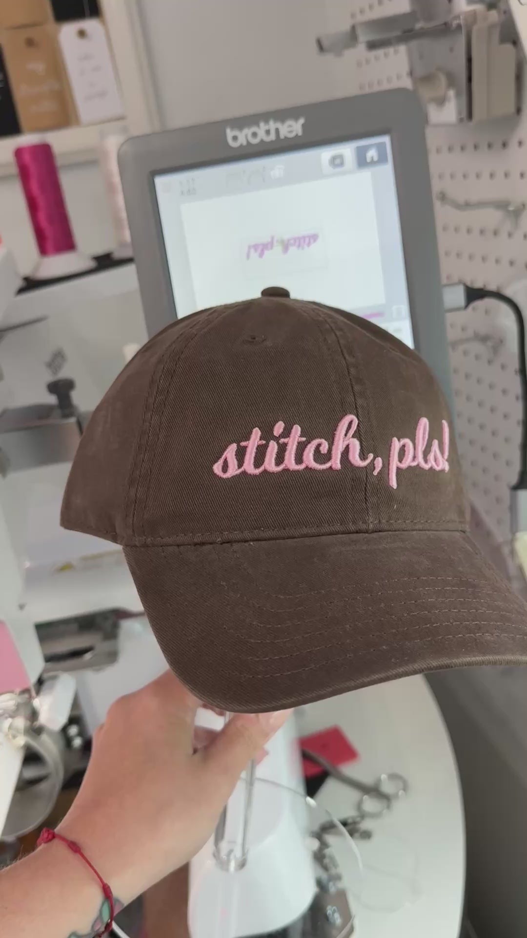 Stitch, Pls! – Dark Brown Dad Hat – Pale Pink 3D Puff Embroidery | Maker Favorite