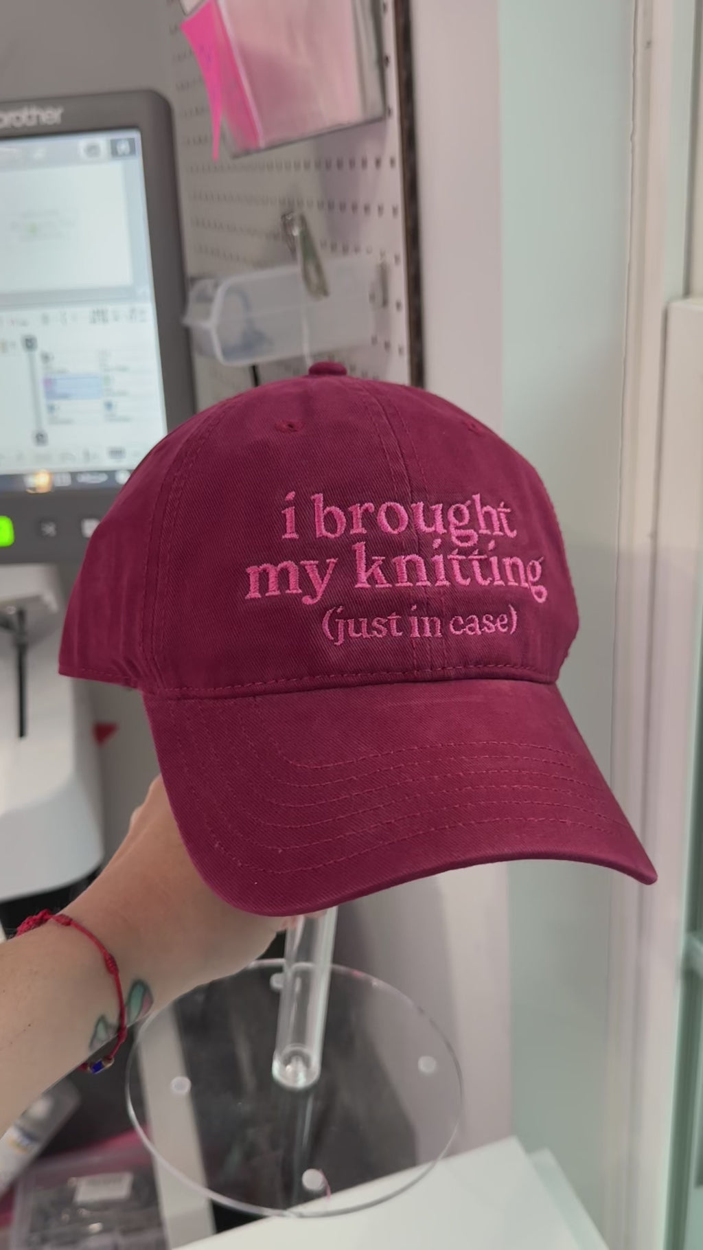 I Brought My Knitting (Just in Case) – Burgundy Hat – Pink Embroidery