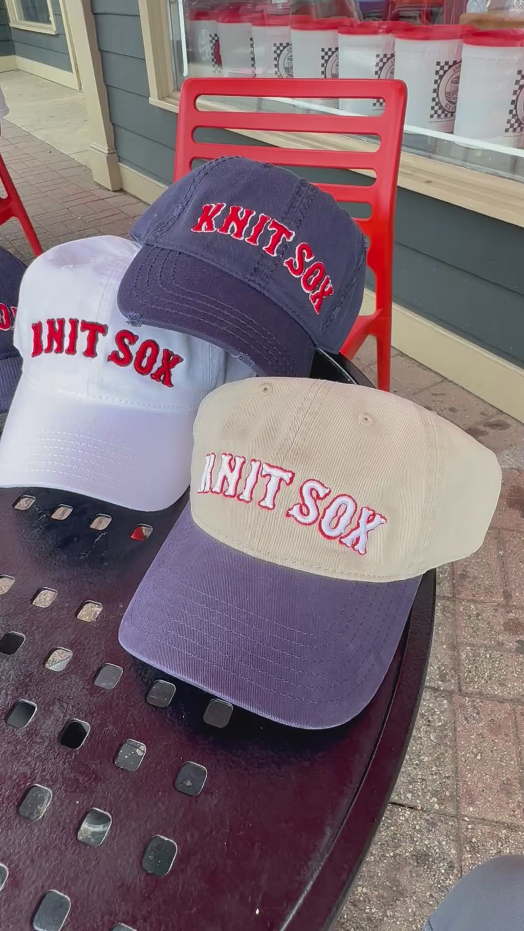 Knit Sox – White Dad Hat – Red Puff + Navy Embroidery | Maker Favorite