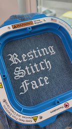 Resting Stitch Face - TIMI Denim Tote – Gothic Embroidered Bag for Knitters
