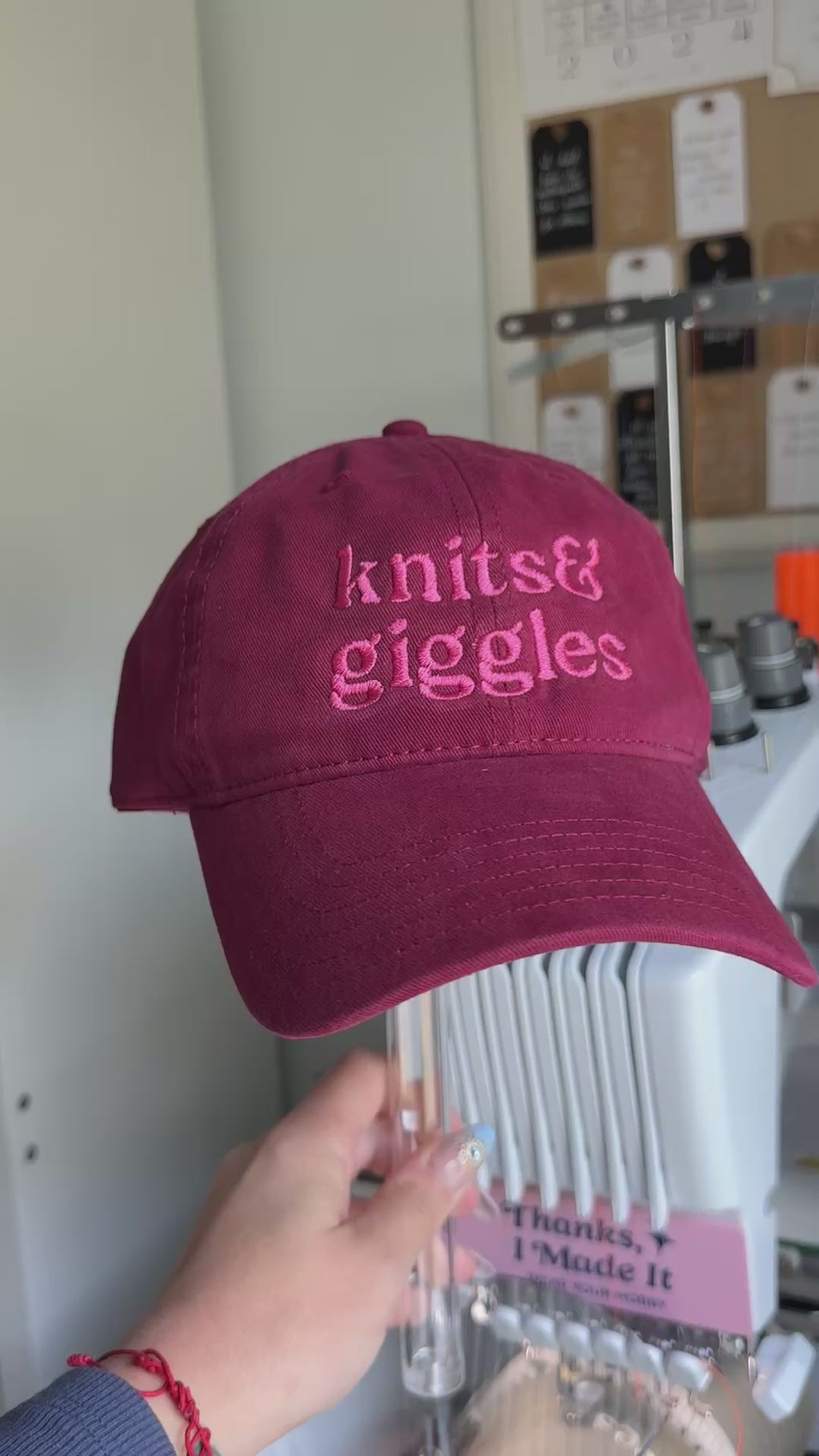 Knits & Giggles – Burgundy Hat – Pink Embroidery | Maker Favorite