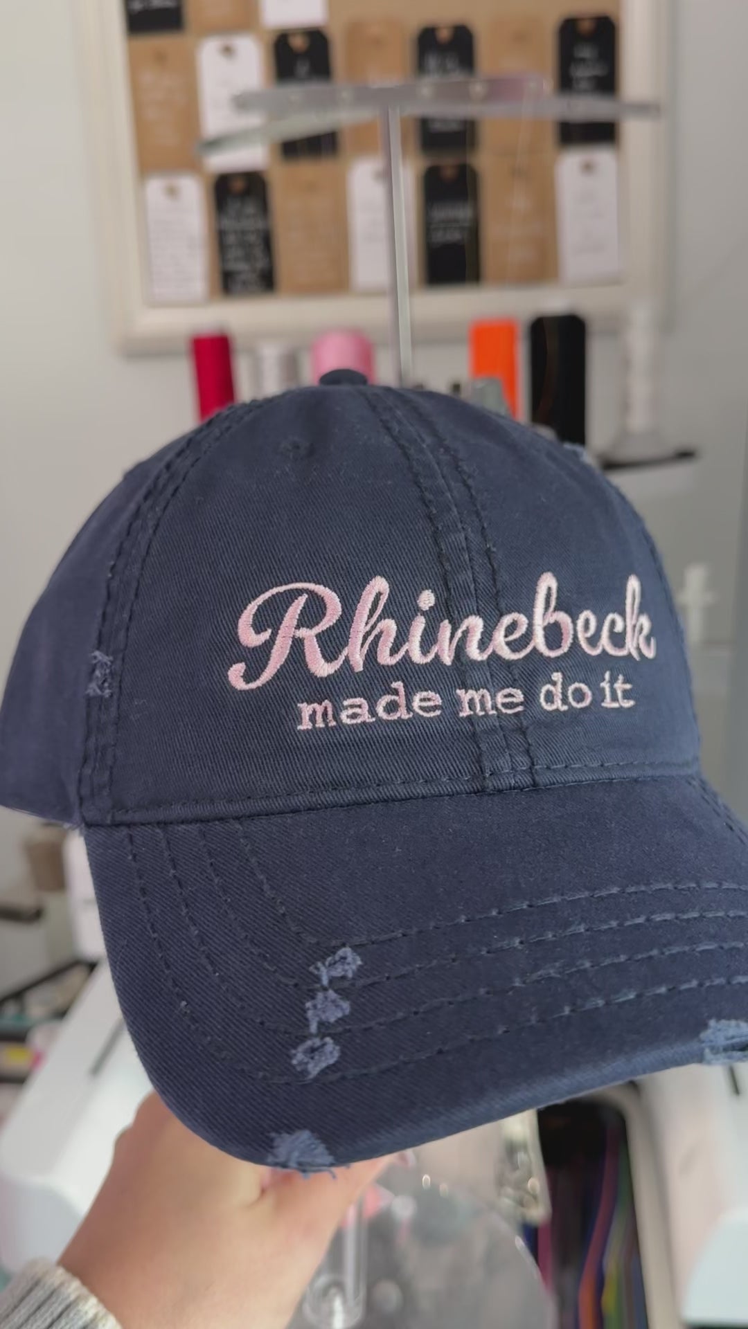 Rhinebeck Made Me Do It Distressed Navy Dad Hat – Pale Pink Embroidery