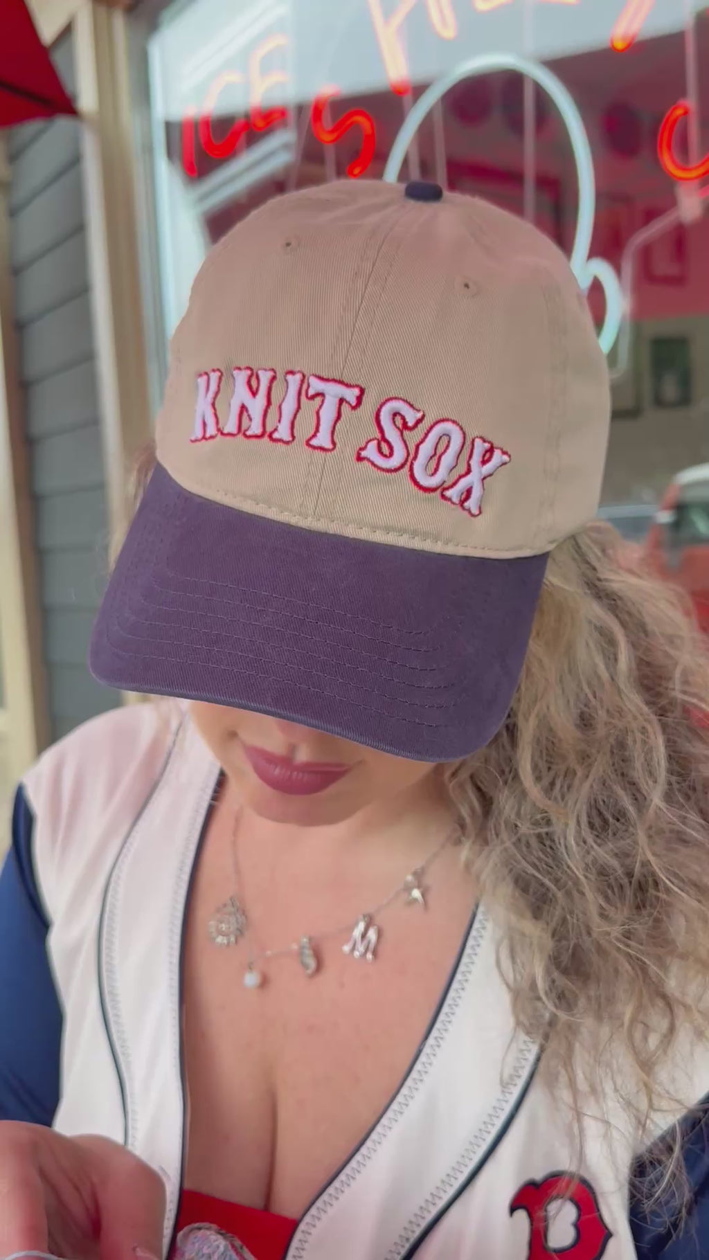 Knit Sox – Khaki & Navy Split Crown Hat – Red + White Puff Embroidery | TIMI