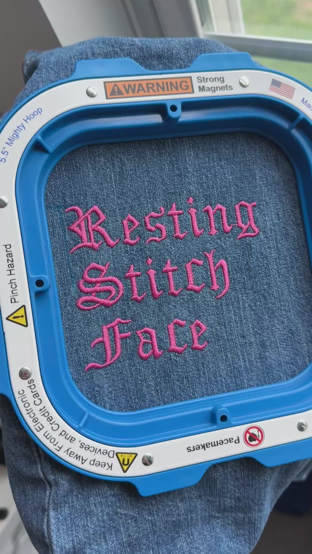Resting Stitch Face - TIMI Denim Tote – Gothic Embroidered Bag for Knitters