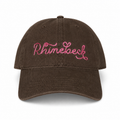 Brown cotton dad hat with pink chain stitch Rhinebeck embroidery