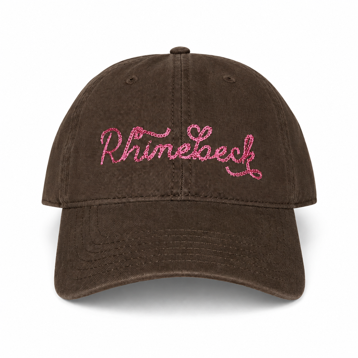 Brown cotton dad hat with pink chain stitch Rhinebeck embroidery