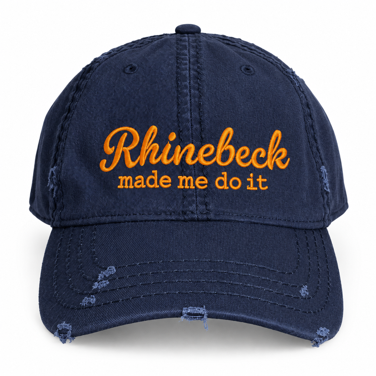 A navy blue distressed baseball cap with orange embroidered text reading 'Rhinebeck made me do it' on the front, shown against a plain white background.