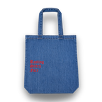 Blue denim tote bag with 'Resting Stitch Face' text in red on a white background