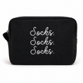 Black waffle project pouch with white Socks Socks Socks chain stitch embroidery