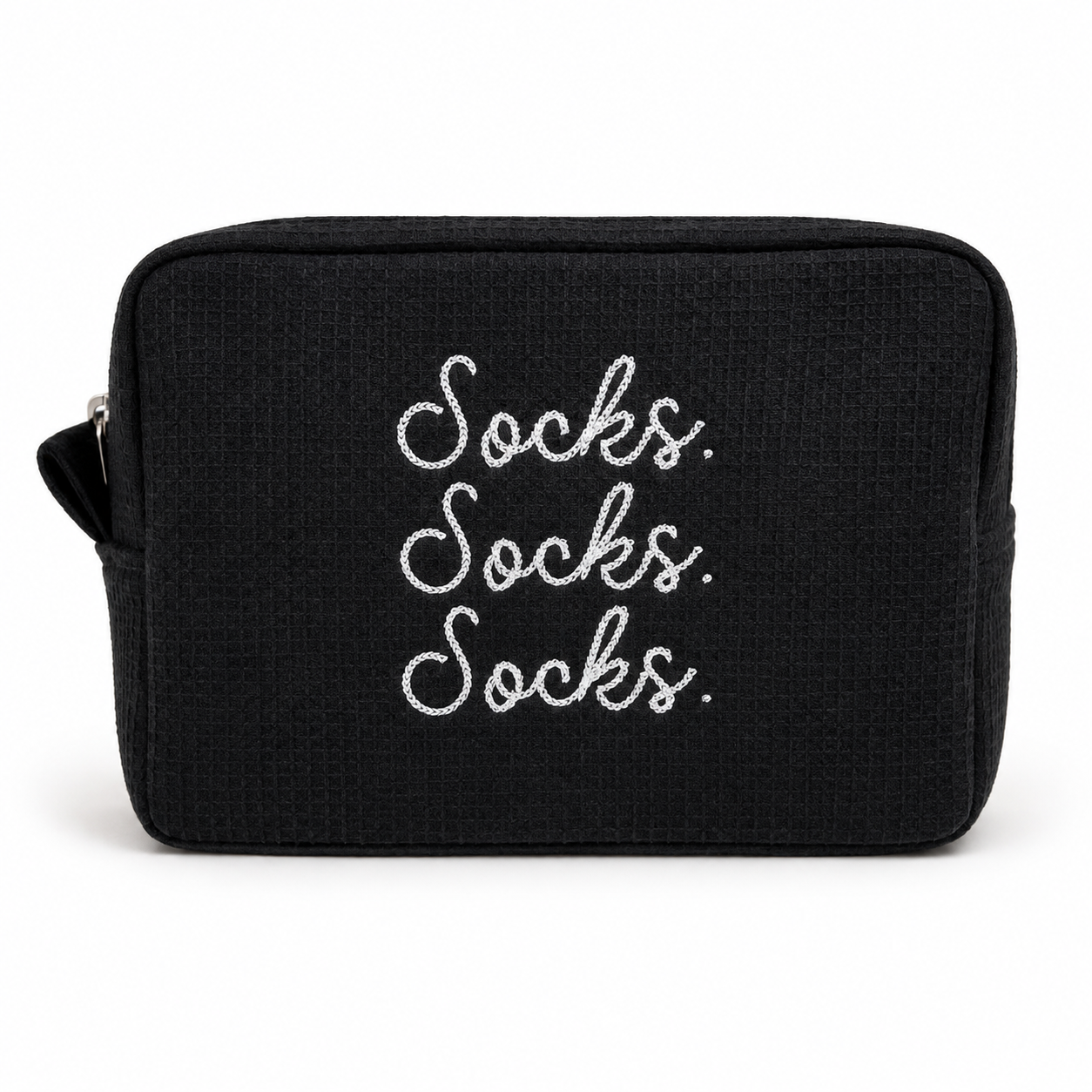 Black waffle project pouch with white Socks Socks Socks chain stitch embroidery