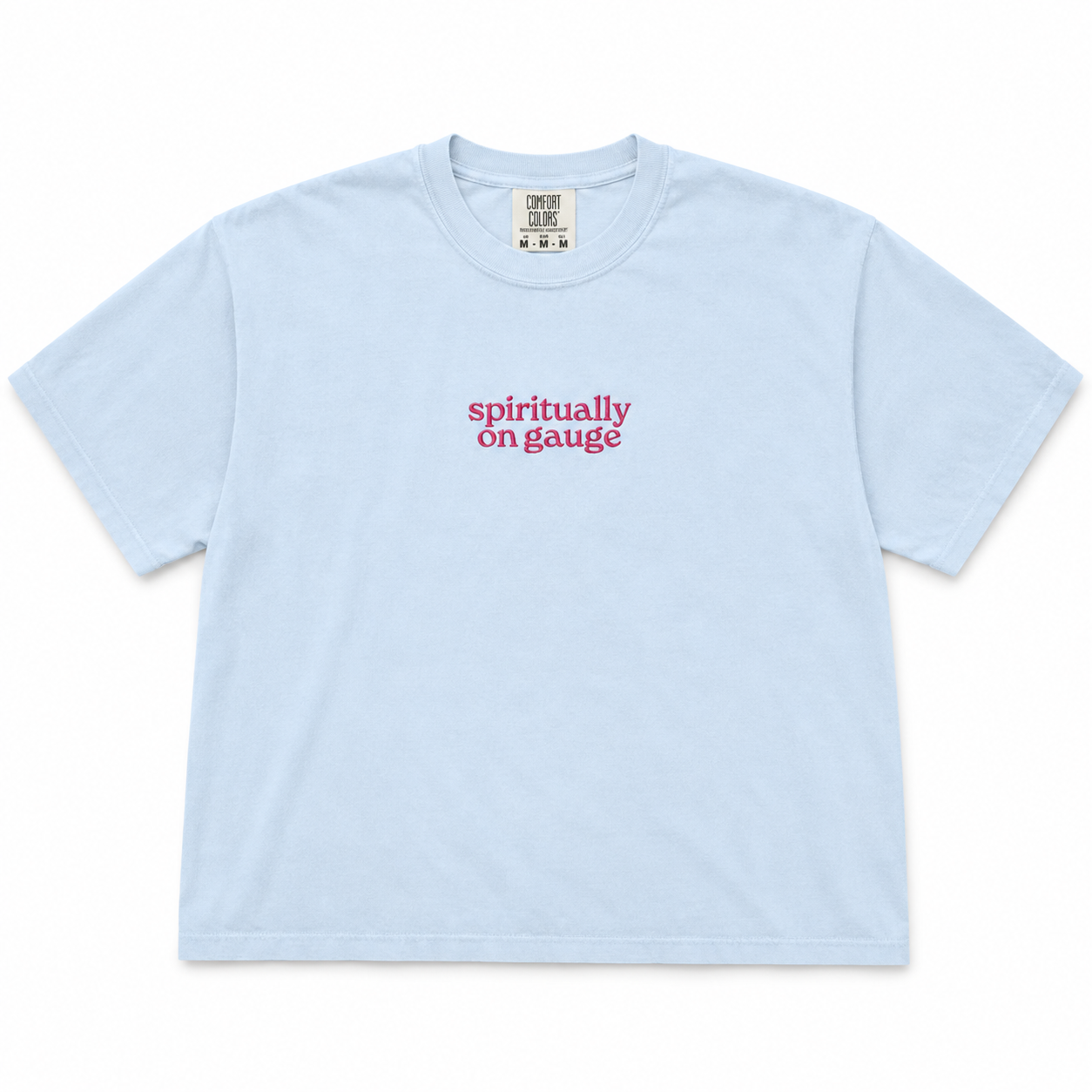 Chambray heavyweight boxy tee with pink Spiritually On Gauge embroidery
