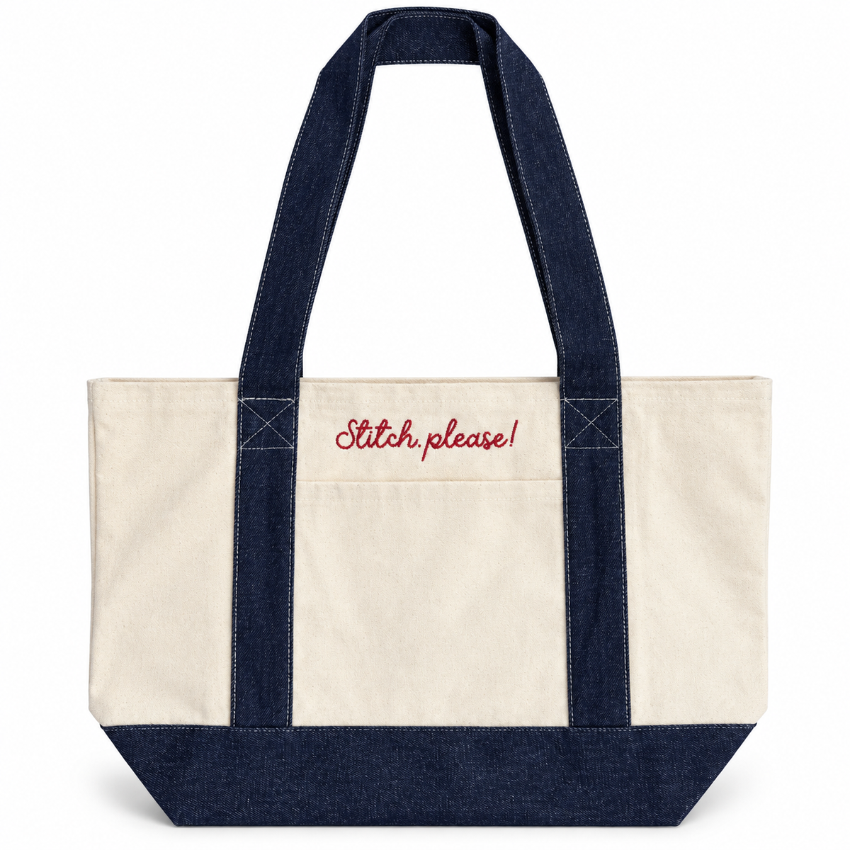An off-white canvas tote bag with dark navy blue denim-style handles, bottom panel, and side straps, featuring the phrase 'Stitch, please!' embroidered in red script on the front pocket, set against a plain white background.