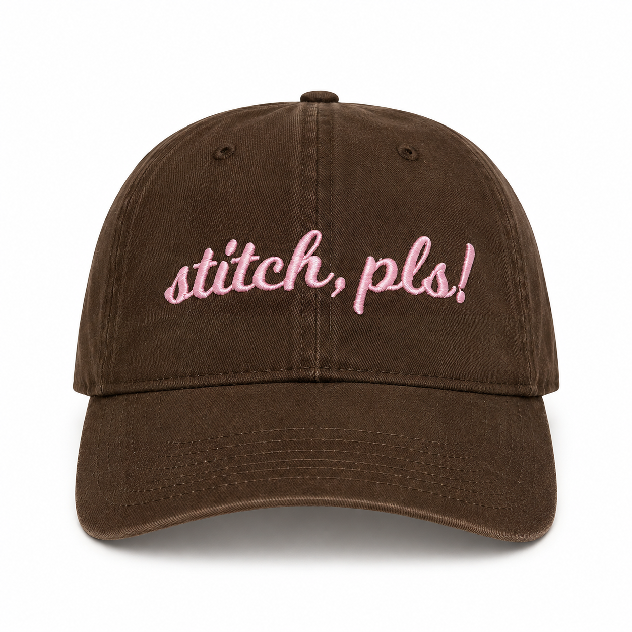 Dark brown dad hat with pale pink 3D puff embroidery reading Stitch, Pls!