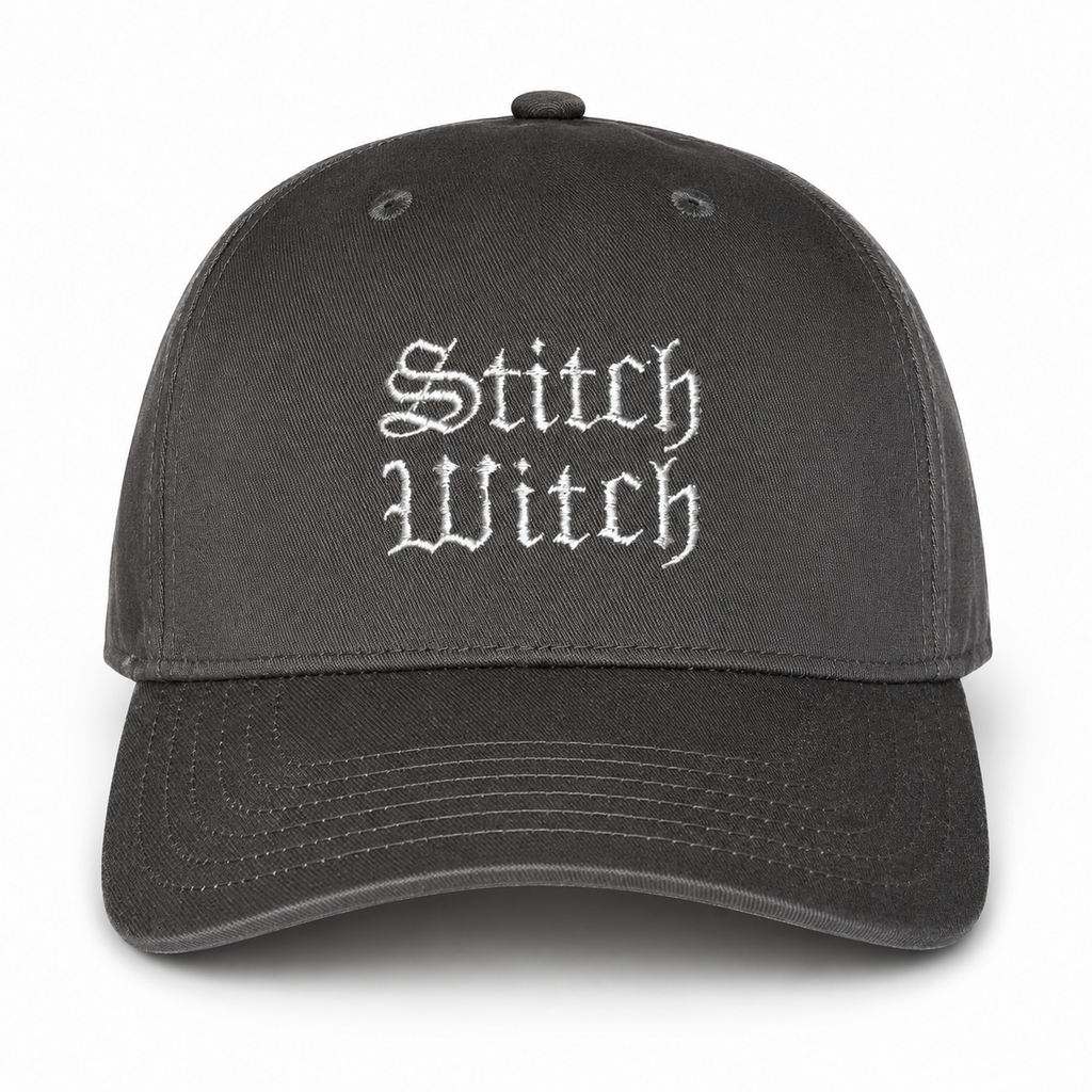 Charcoal structured hat with metallic silver Stitch Witch embroidery