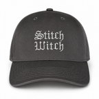 Charcoal structured hat with metallic silver Stitch Witch embroidery