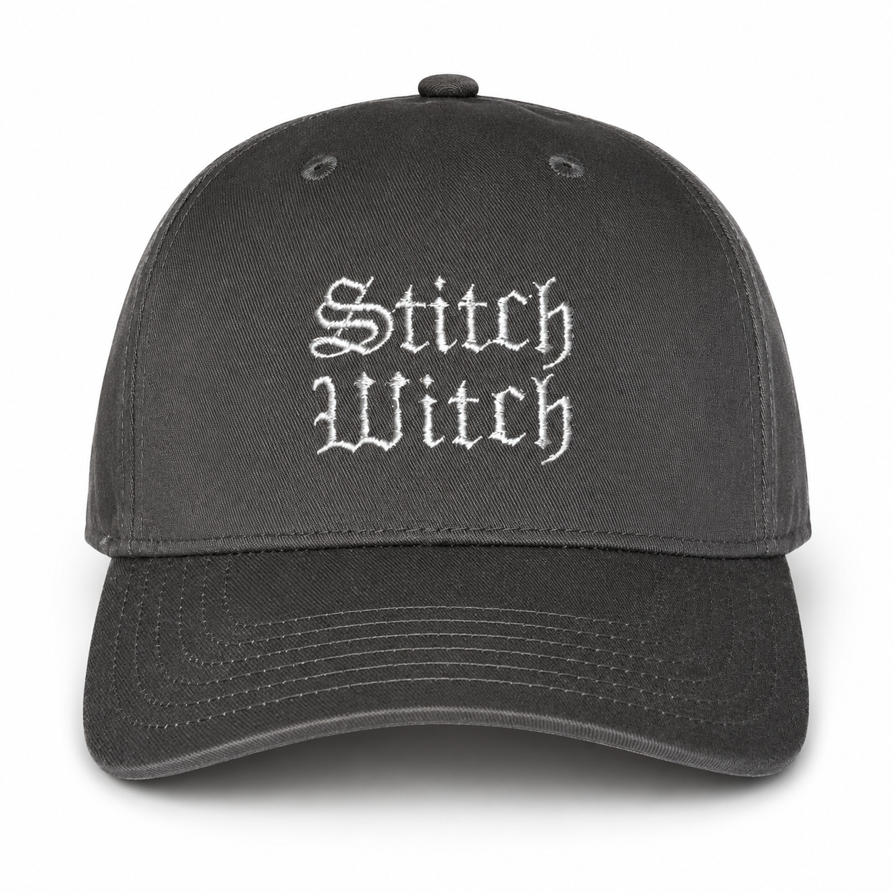 Charcoal structured hat with metallic silver Stitch Witch embroidery