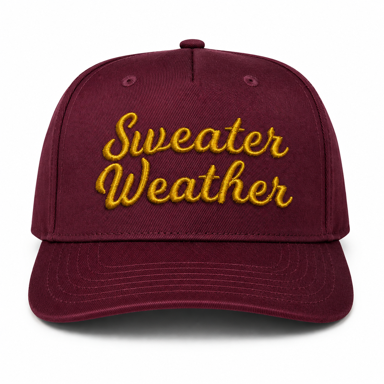 Burgundy structured hat with old gold Sweater Weather 3D puff embroidery