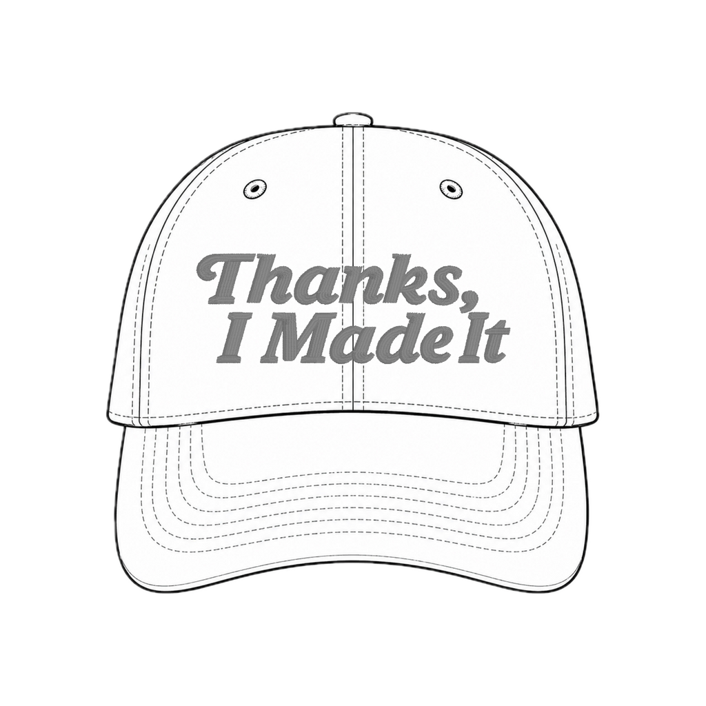 White hat mockup with grey Thanks, I Made It embroidery