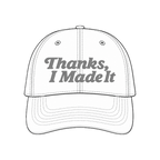 White hat mockup with grey Thanks, I Made It embroidery