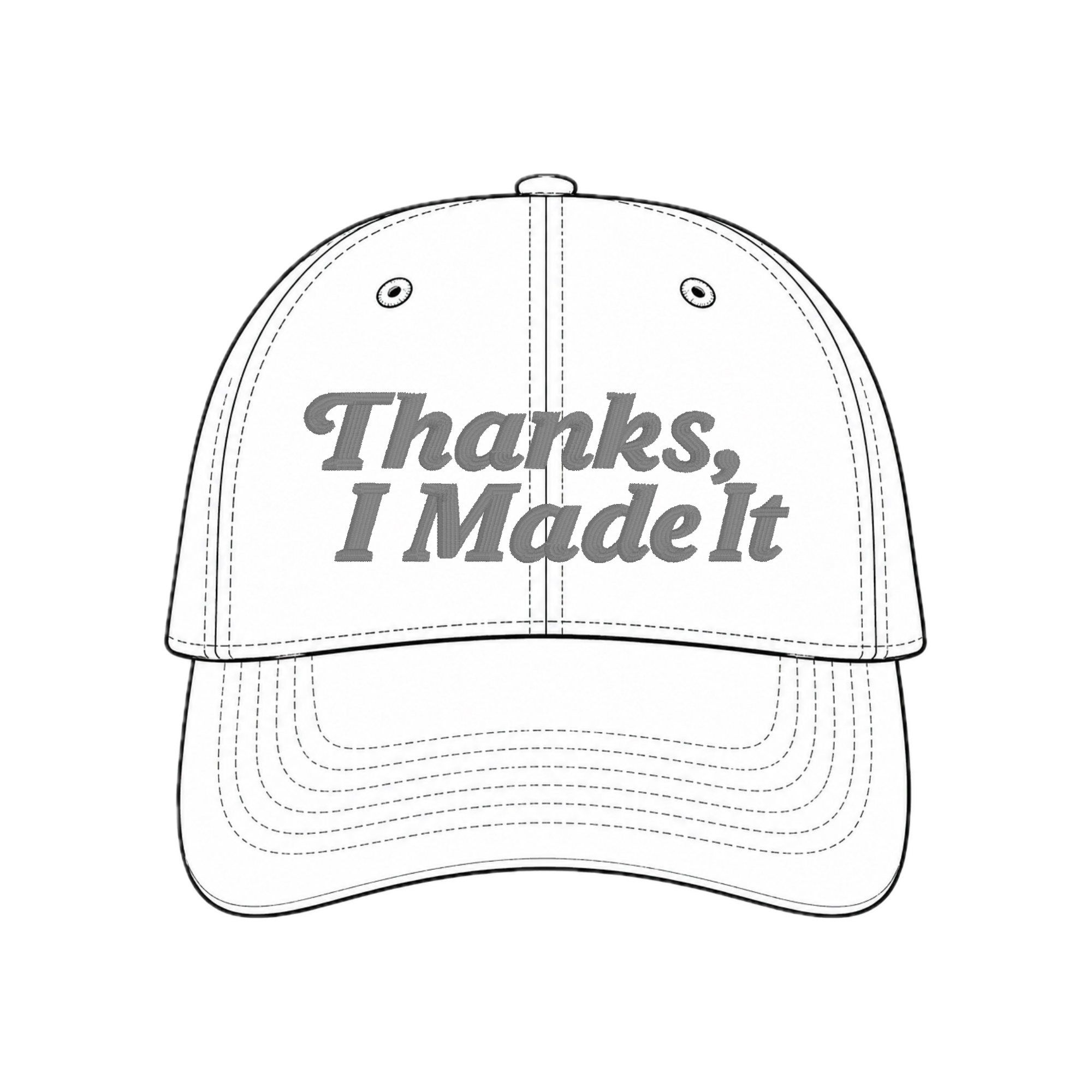 White hat mockup with grey Thanks, I Made It embroidery