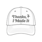 White hat mockup with grey Thanks, I Made It logo embroidery and sparkle detail
