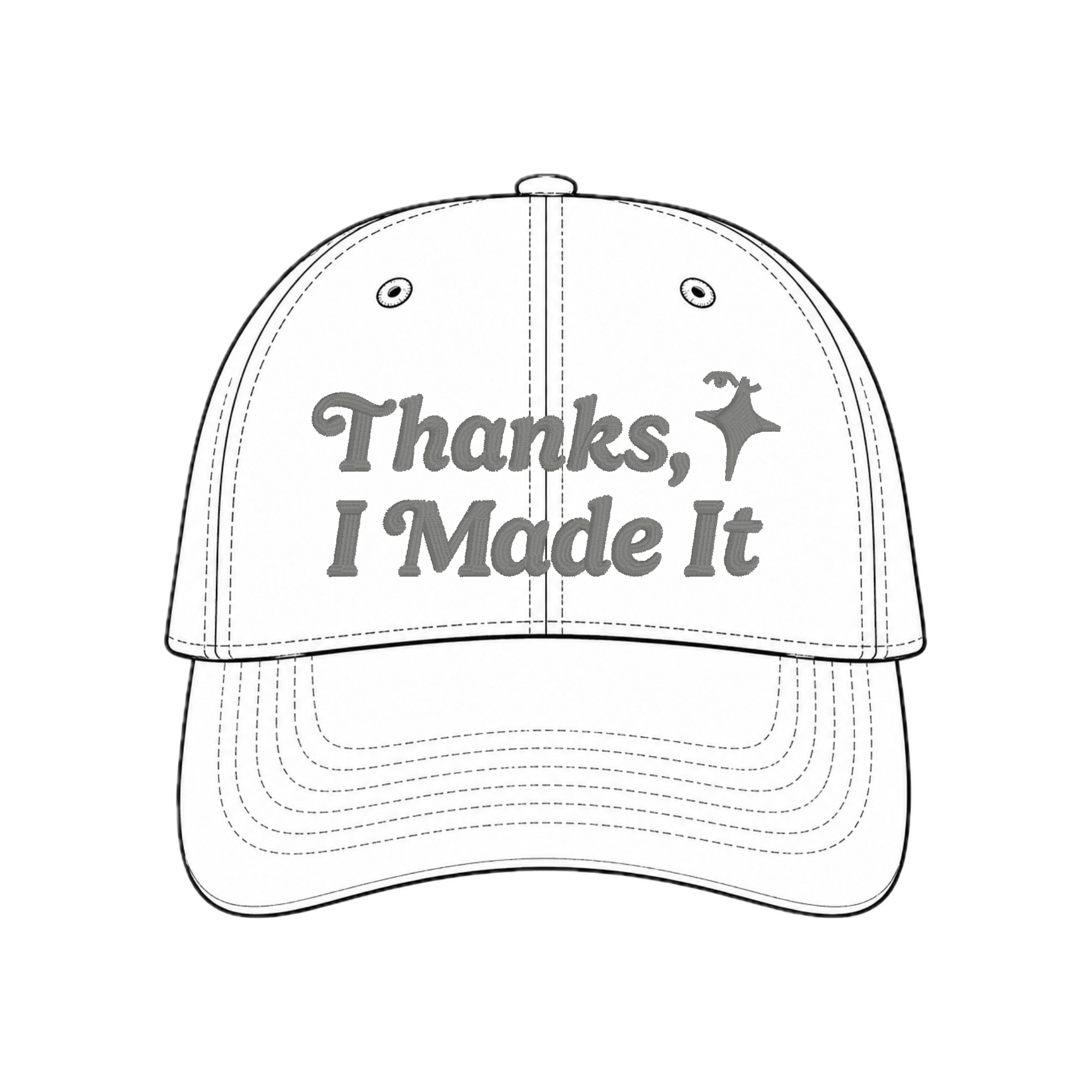White hat mockup with grey Thanks, I Made It logo embroidery and sparkle detail