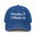 Medium denim hat with white Thanks, I Made It logo embroidery