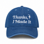 Medium denim hat with white Thanks, I Made It logo embroidery