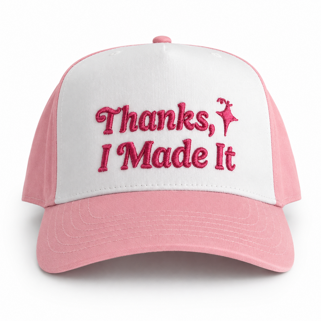 Pink and white 5-panel hat with pink 3D puff embroidered Thanks, I Made It logo