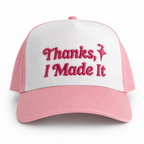 Pink and white 5-panel hat with pink 3D puff embroidered Thanks, I Made It logo