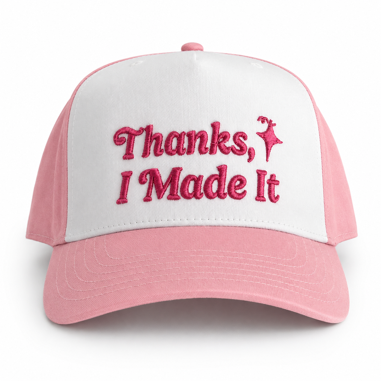 Pink and white 5-panel hat with pink 3D puff embroidered Thanks, I Made It logo