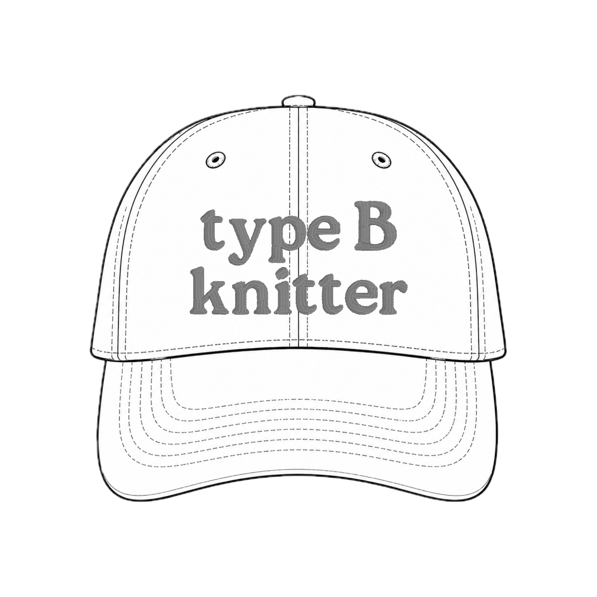 White hat mockup with grey Type B Knitter embroidery