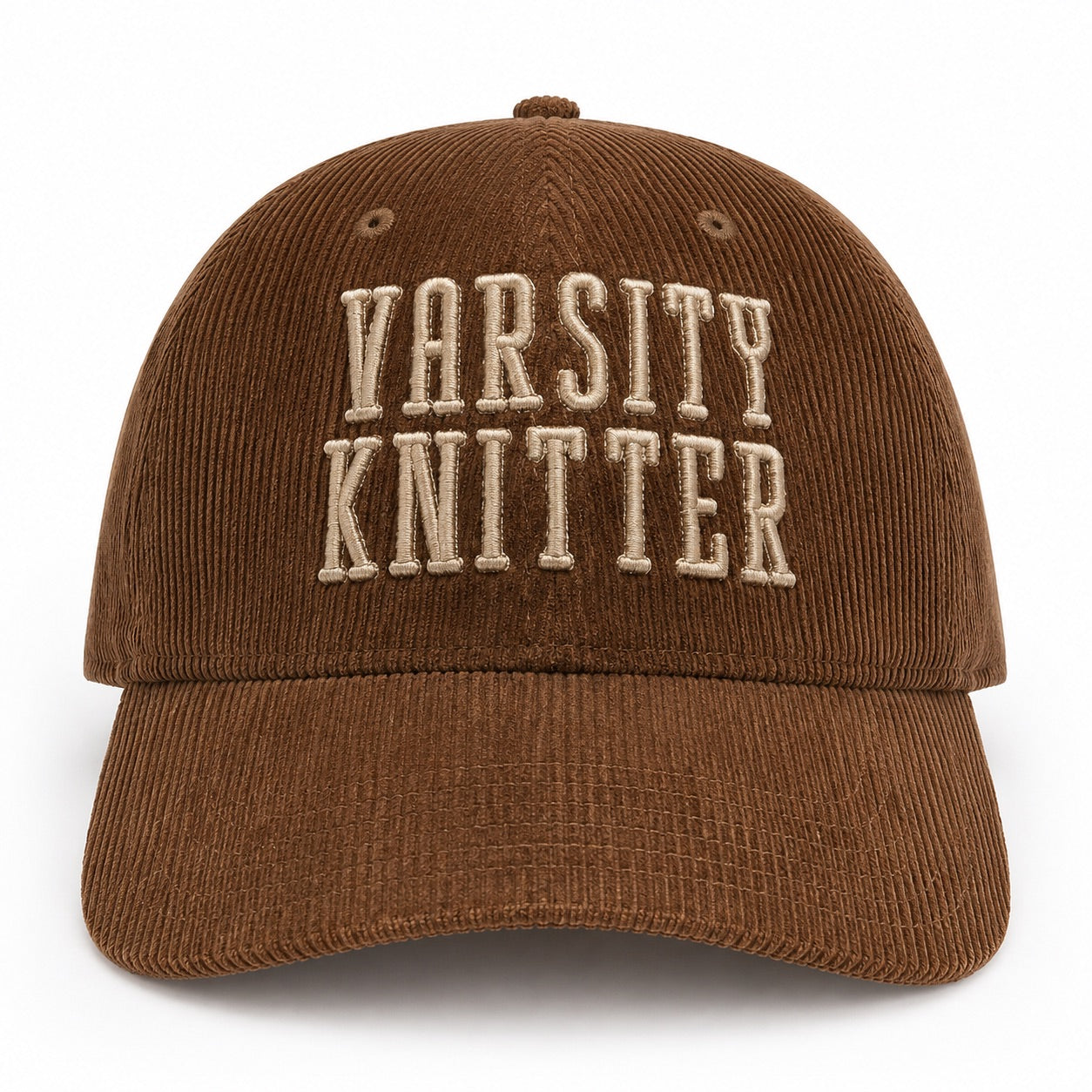 Brown corduroy hat with taupe puff embroidered Varsity Knitter lettering