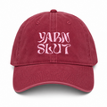 Burgundy cotton dad hat with light pink Yarn Slut embroidery