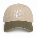 Khaki and olive cotton dad hat with white Yarn Slut embroidery