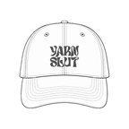 White hat mockup with charcoal upside-down Yarn Slut embroidery