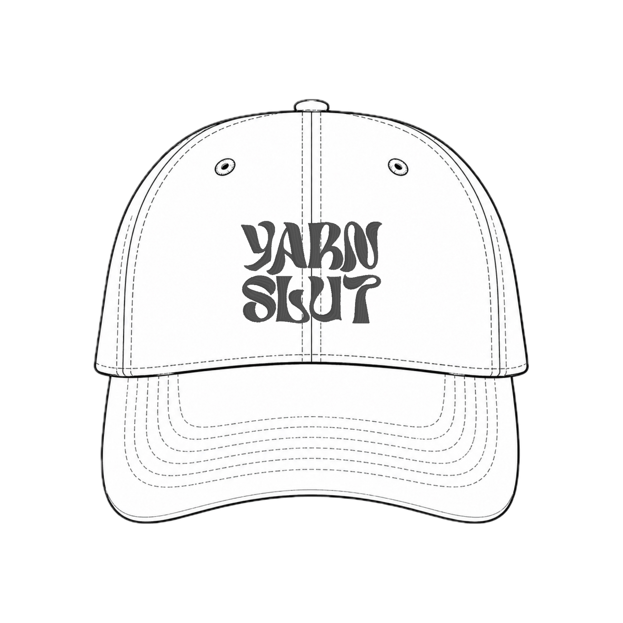 White hat mockup with charcoal upside-down Yarn Slut embroidery